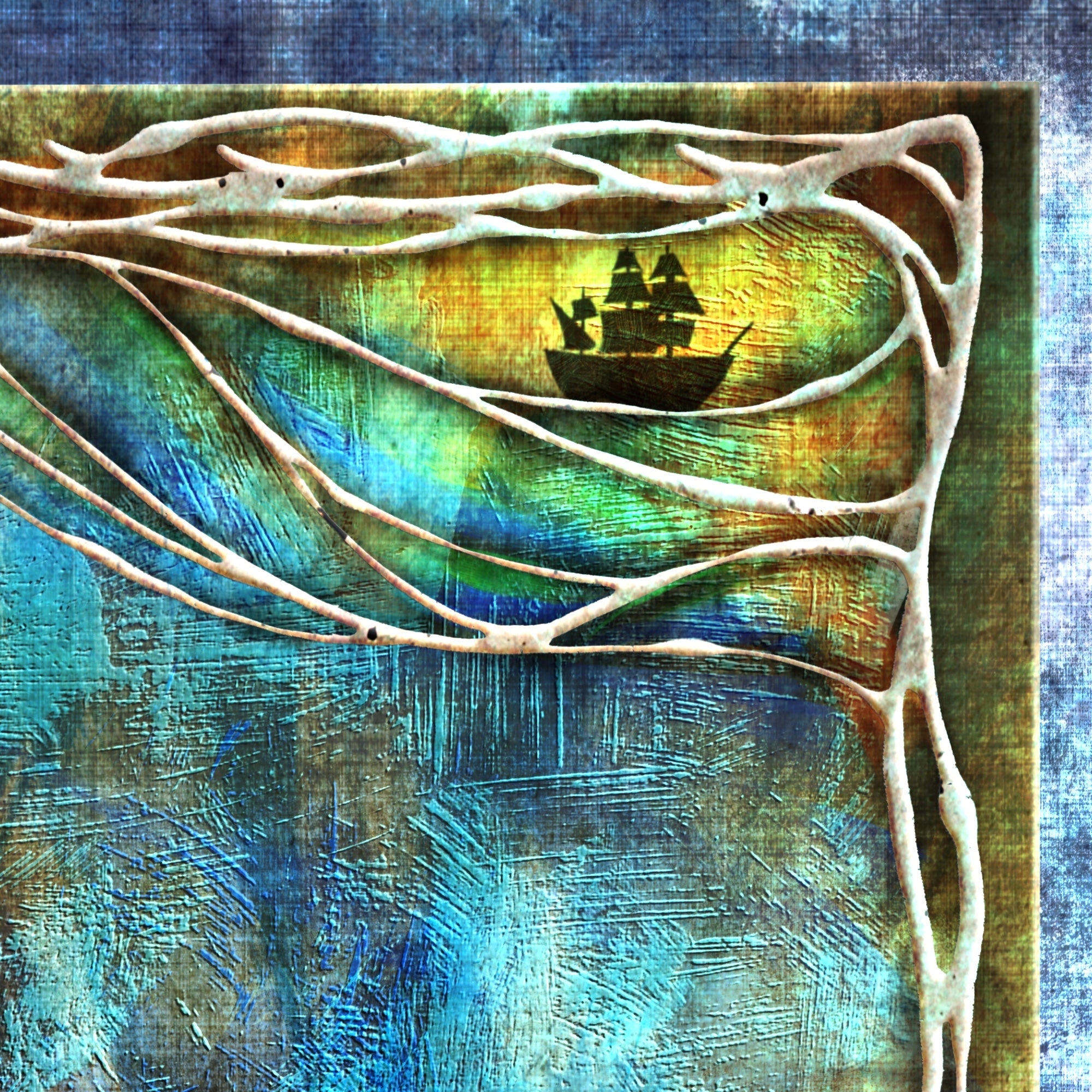 Artistic depiction of a ship sailing through abstract tree branches and water.