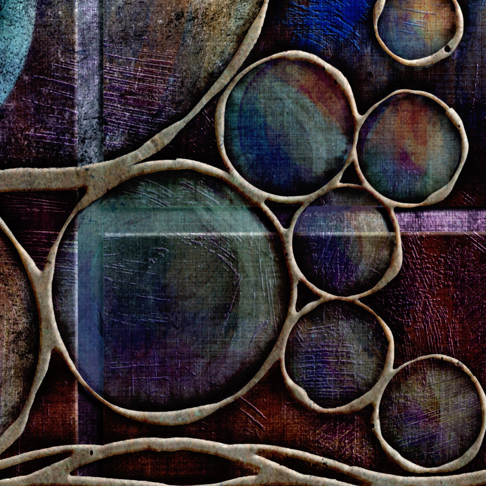 Abstract art with circular shapes and textured surface