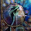 Artistic depiction of a mermaid with flowing green hair against a blue and purple abstract background.