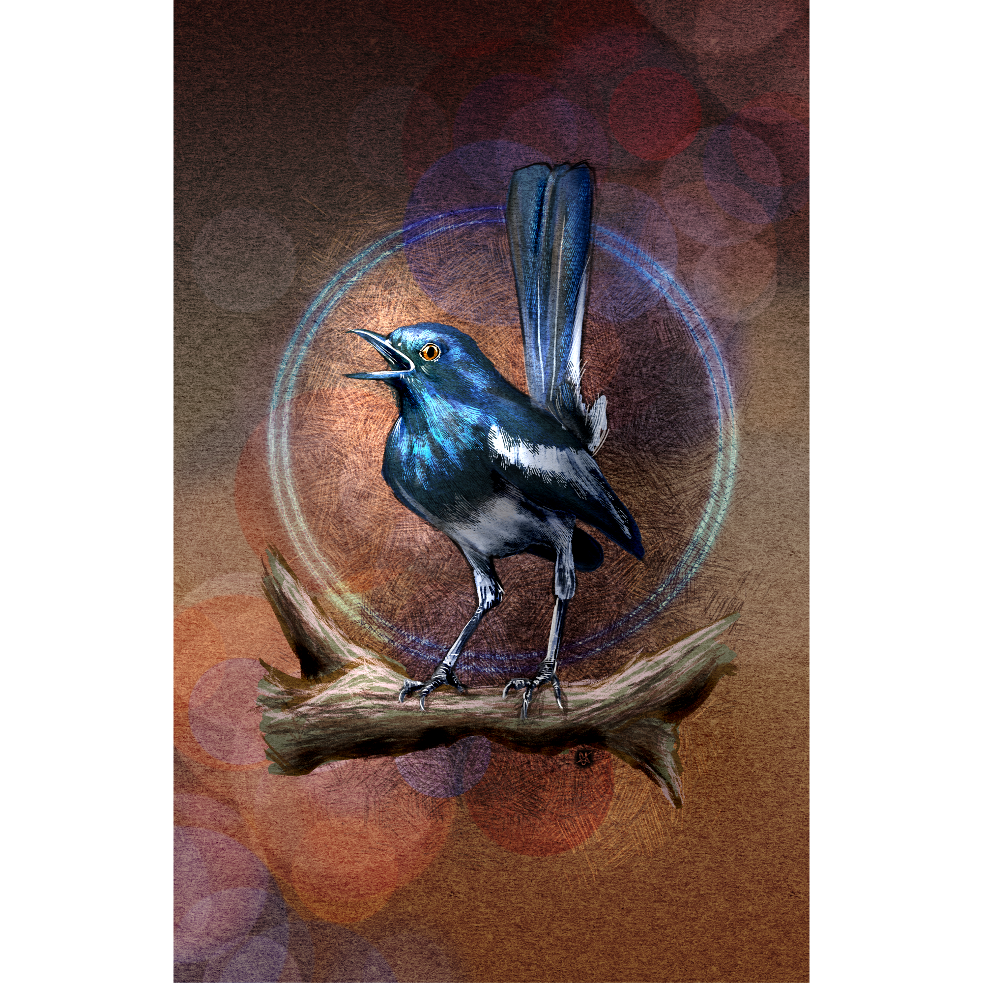 Artistic illustration of a blue bird on a branch with a colorful circular background