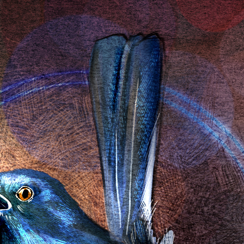 Close-up of a blue bird with detailed feathers on a textured brown background