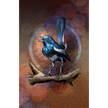 Artistic illustration of a blue bird on a branch with a colorful circular background