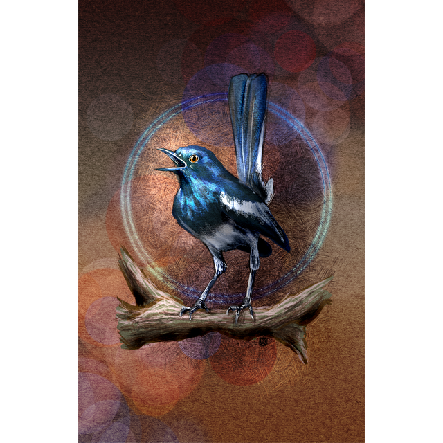 Artistic illustration of a blue bird on a branch with a colorful circular background