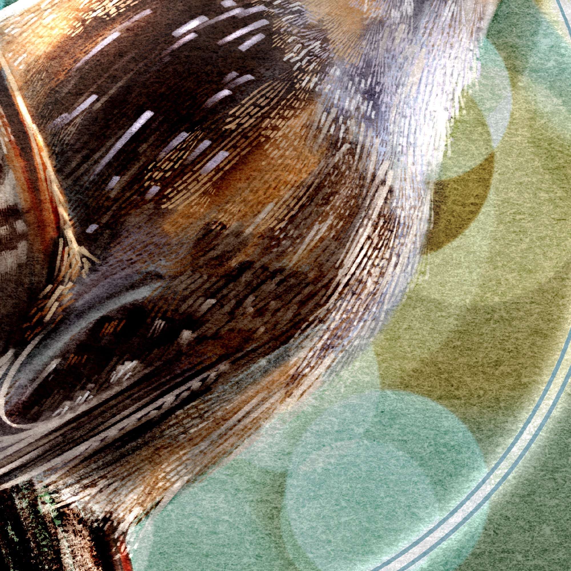 Close-up of a bird illustration on a green and beige background