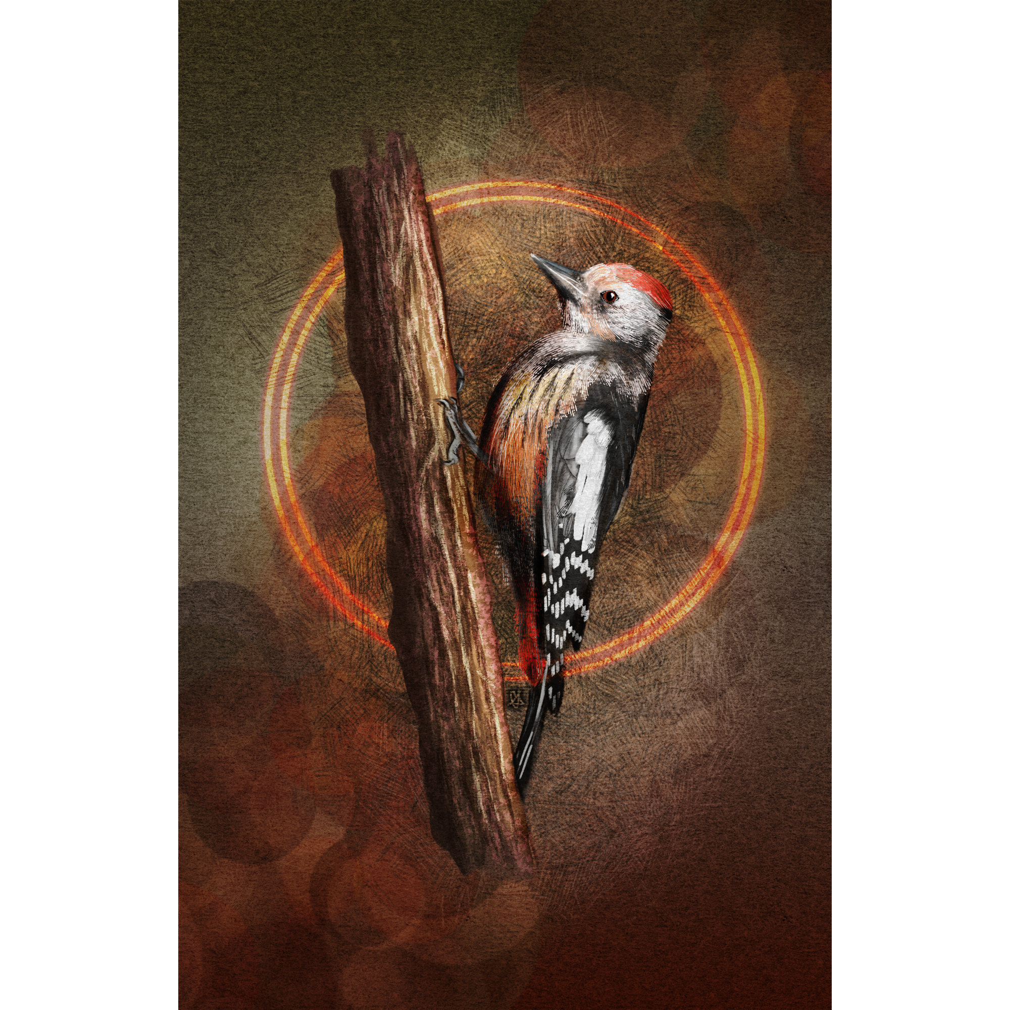 Woodpecker perched on a branch with a warm, circular glow in the background
