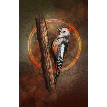 Woodpecker perched on a branch with a warm, circular glow in the background