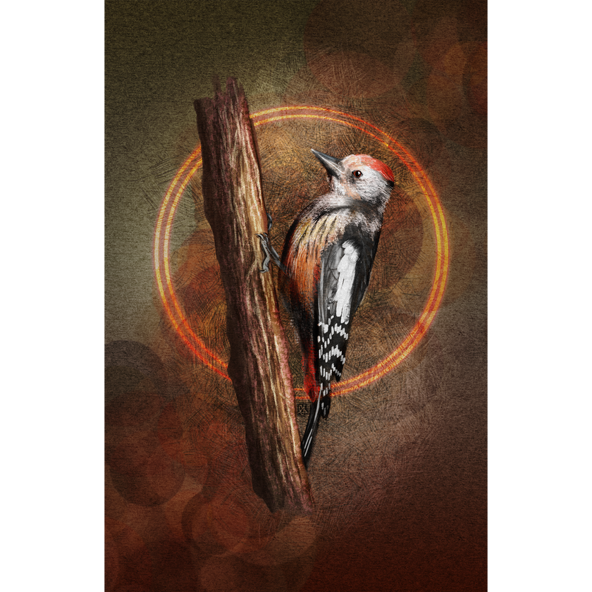 Woodpecker perched on a branch with a warm, circular glow in the background