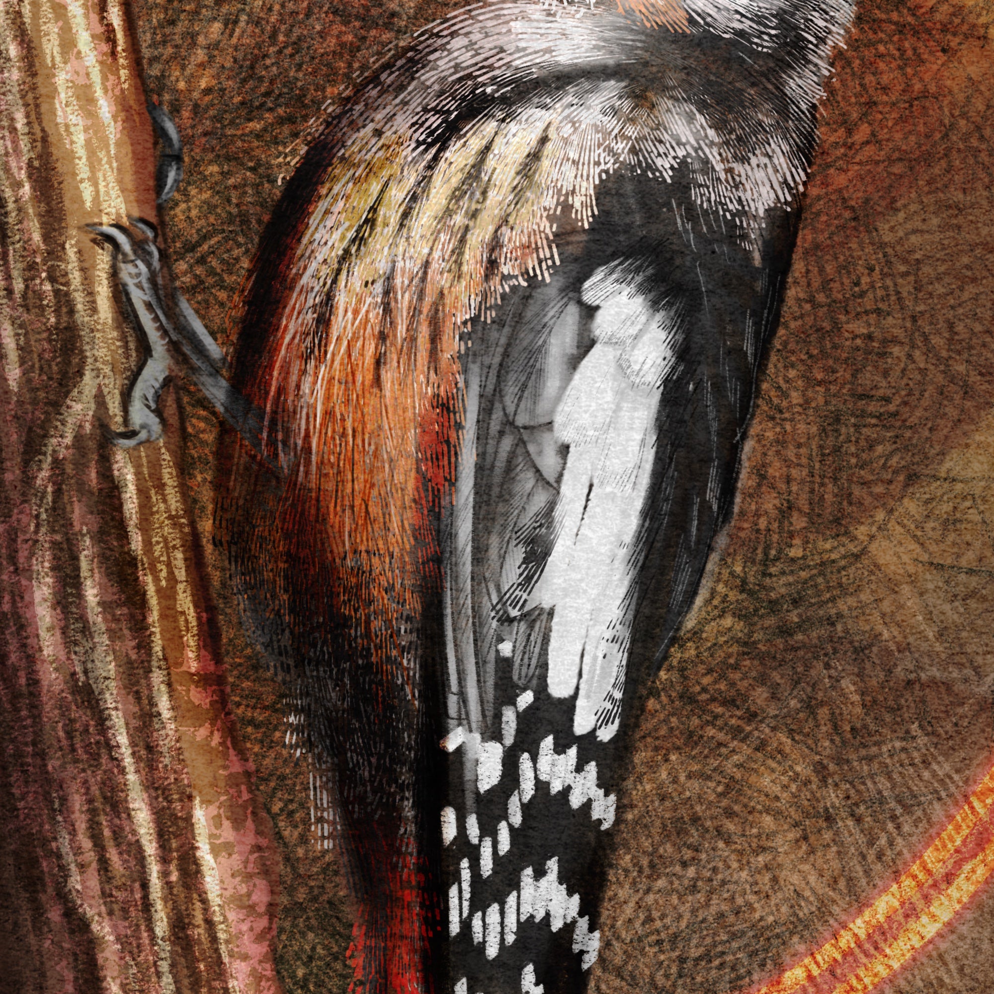 Close-up of a woodpecker on a textured brown background
