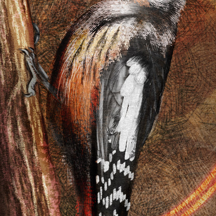 Close-up of a woodpecker on a textured brown background