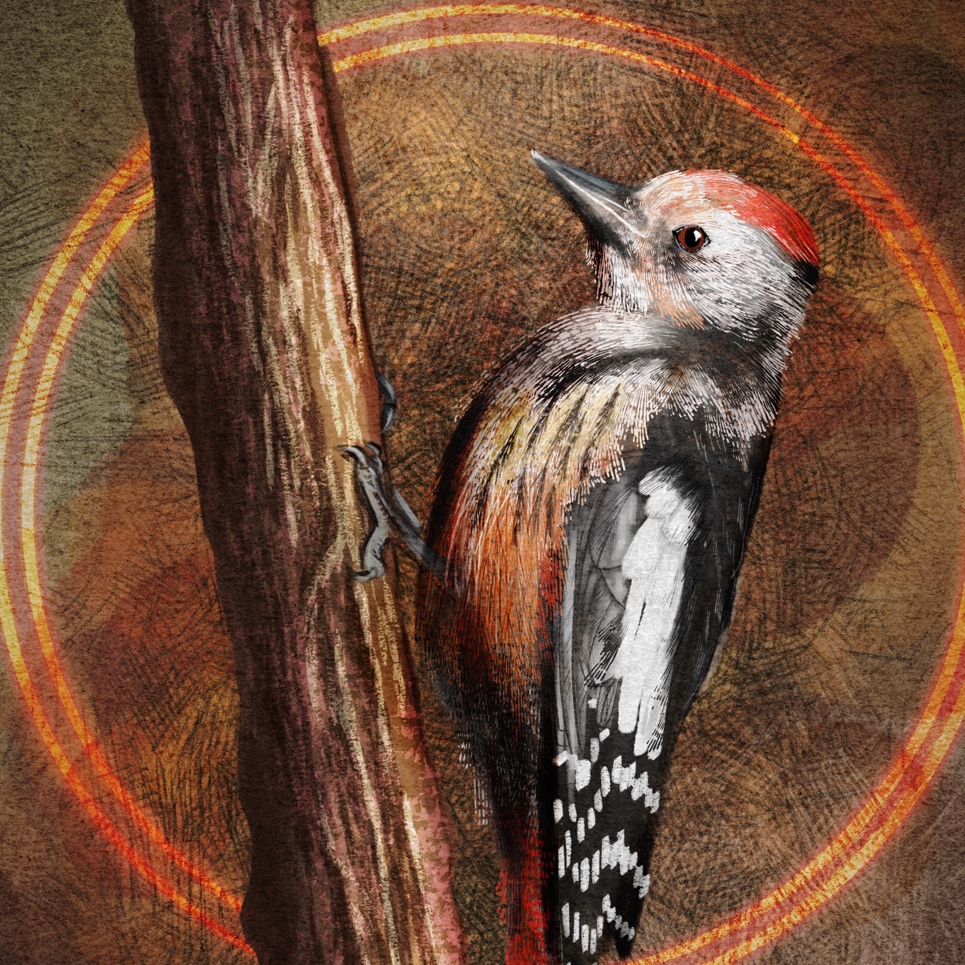 Illustration of a woodpecker perched on a tree trunk with a textured brown background.