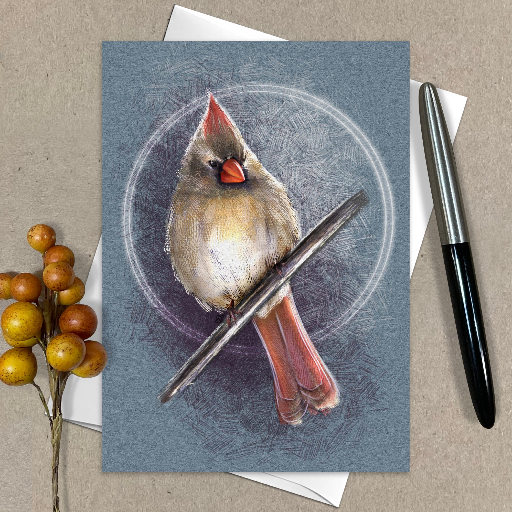 Card with a painted cardinal bird on a textured blue background, placed on a beige surface with a pen and decorative elements.