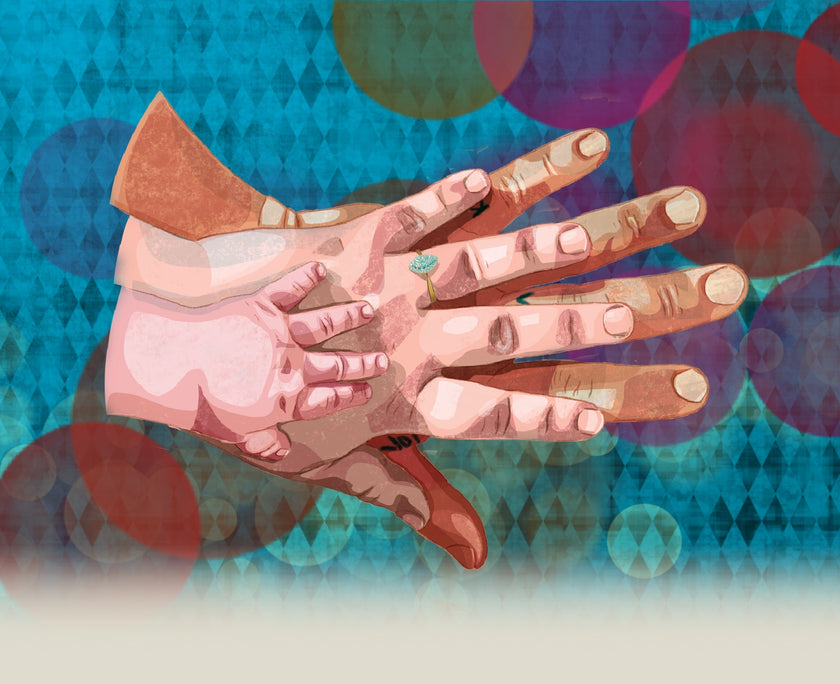 Illustration of two hands with a colorful abstract background