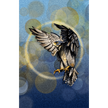 Illustration of a bird in flight with a blue and green circular background