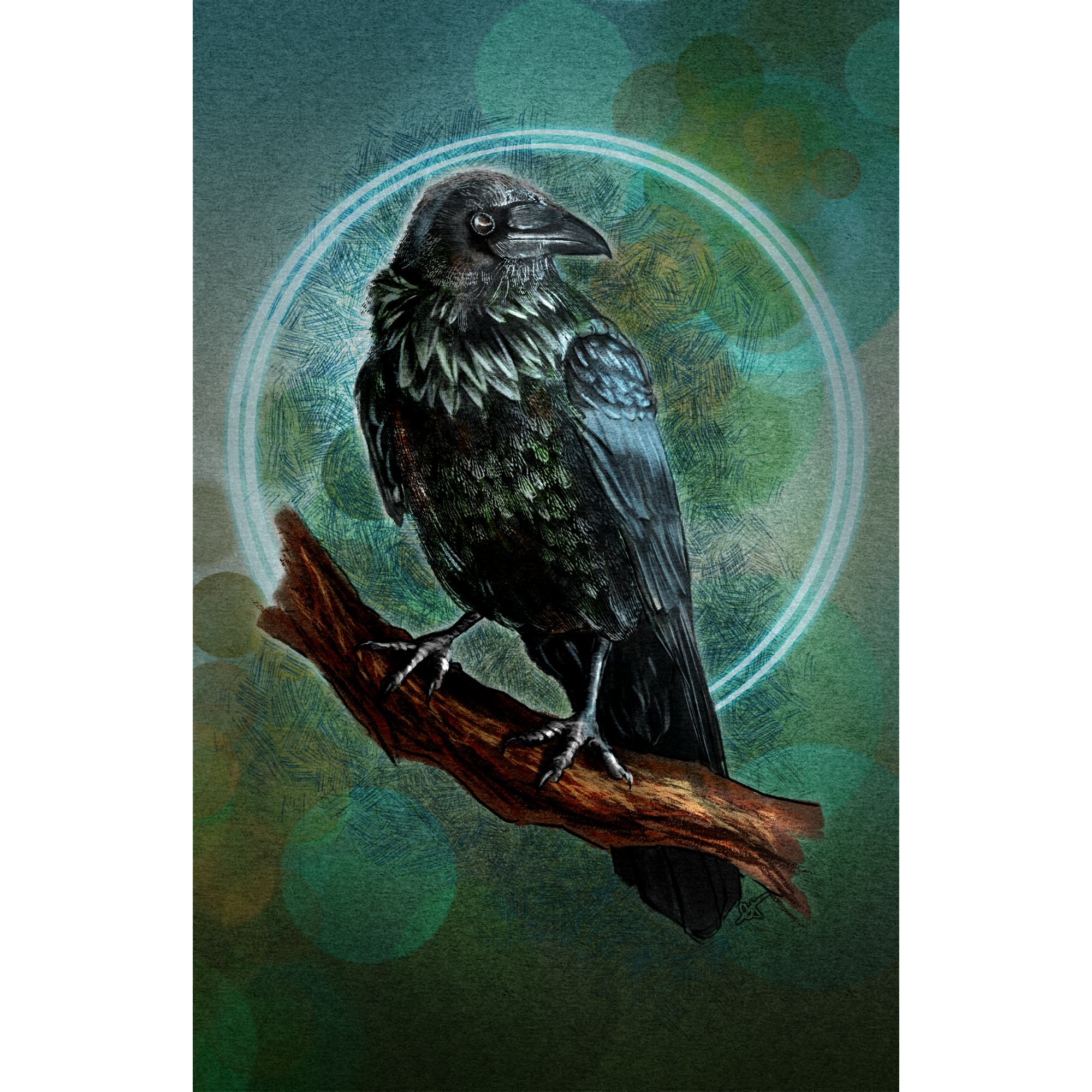 Illustration of a crow perched on a branch with a mystical circle around it on a green background