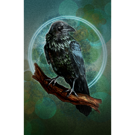 Illustration of a crow perched on a branch with a mystical circle around it on a green background