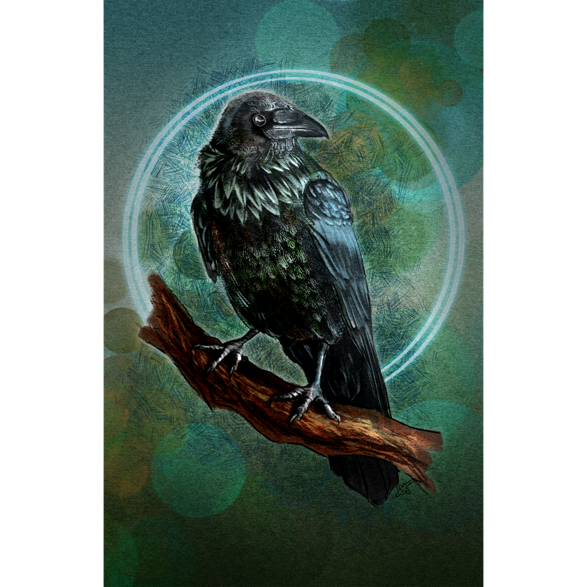 Illustration of a crow perched on a branch with a mystical circle around it on a green background