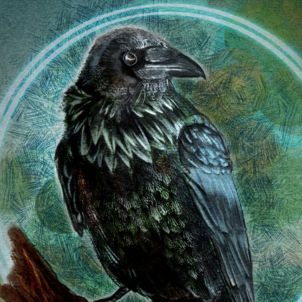 Illustration of a crow on a textured green background