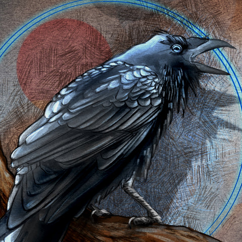 Artistic illustration of a crow with a textured background