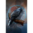Artistic illustration of a raven perched on a branch with a circular blue light effect.