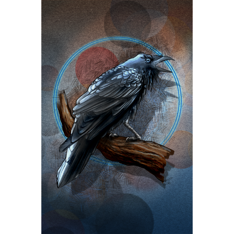 Artistic illustration of a raven perched on a branch with a circular blue light effect.