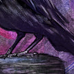 Artistic depiction of a raven on a branch with a purple and pink gradient background