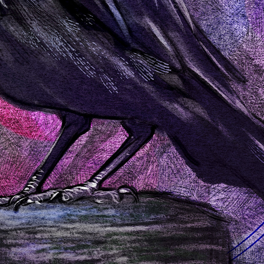Artistic depiction of a raven on a branch with a purple and pink gradient background