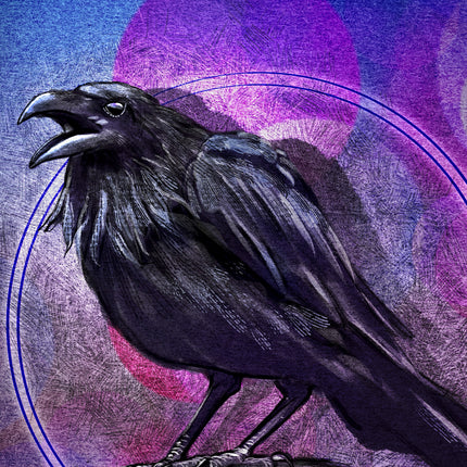 Illustration of a black raven against a purple and blue gradient background