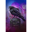 Black raven on a perch against a purple and blue abstract background
