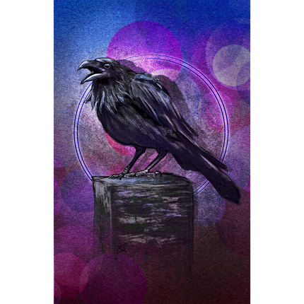 Black raven on a perch against a purple and blue abstract background