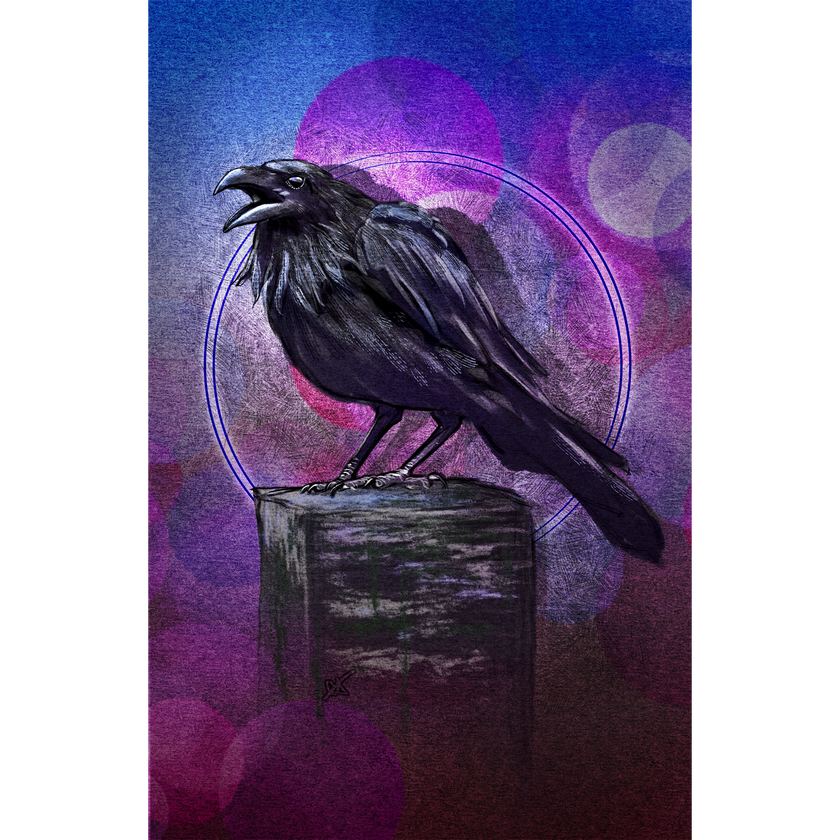 Black raven on a perch against a purple and blue abstract background