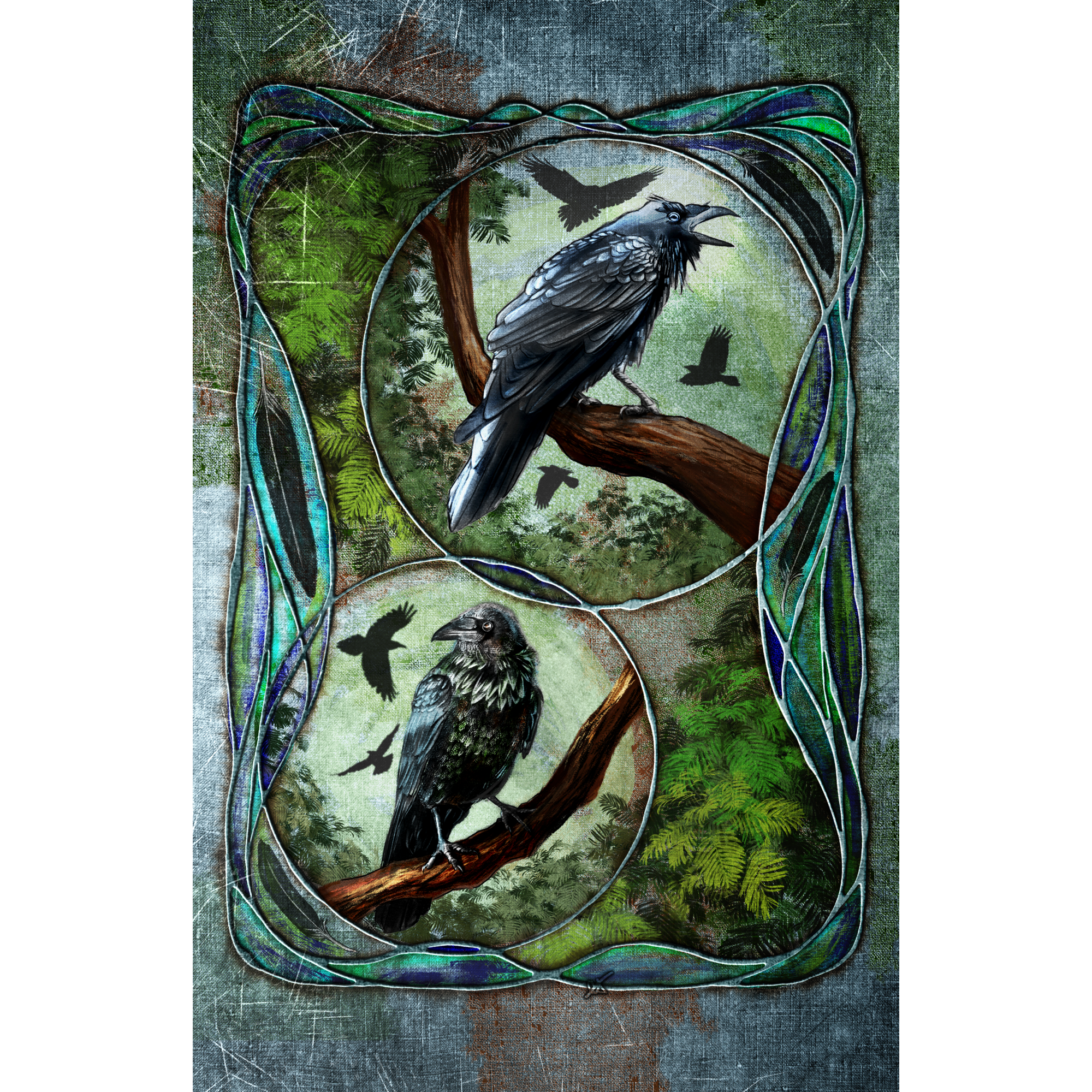 Print with crows on branches and a stylized border