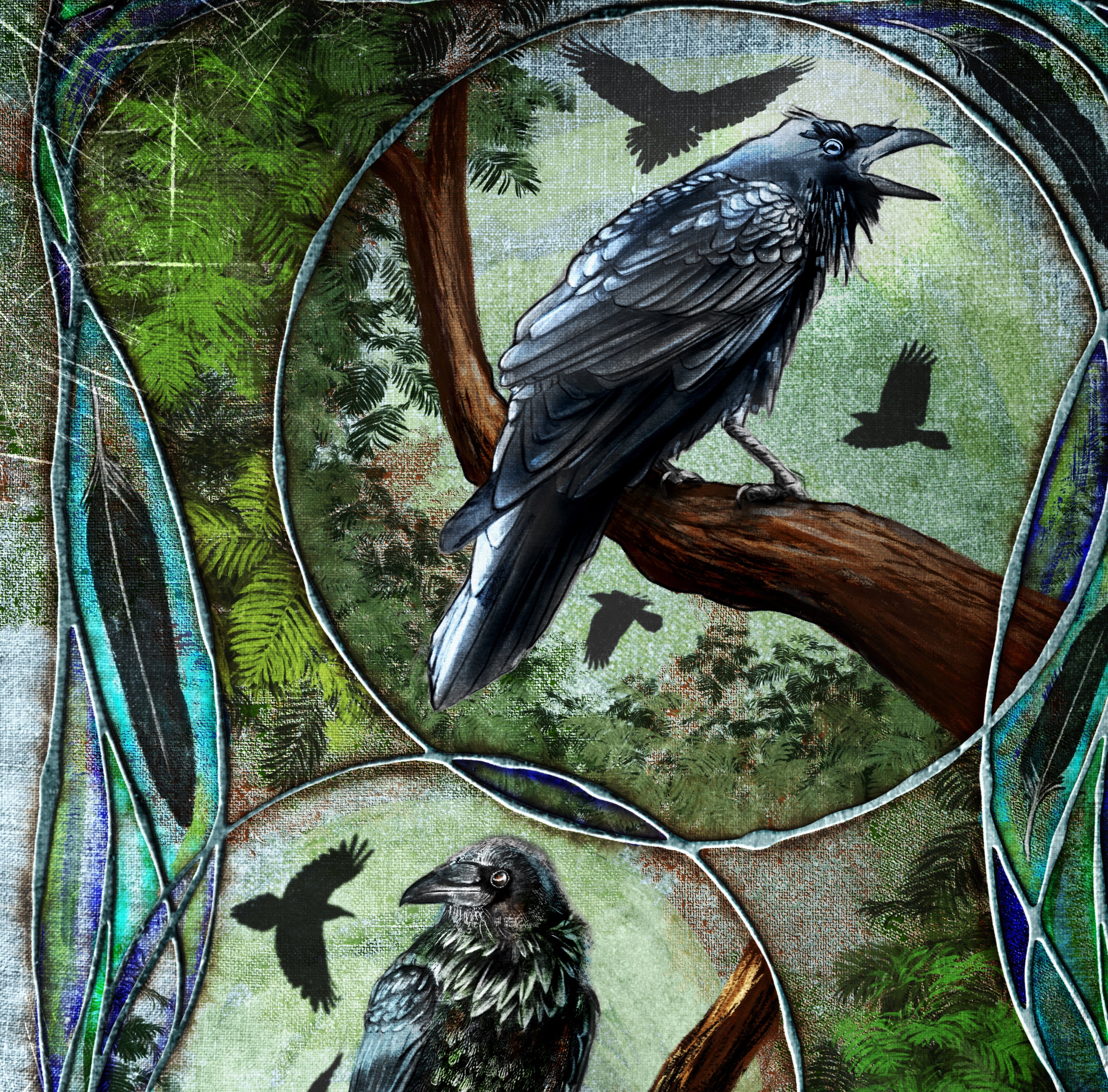 Artistic depiction of a raven on a branch with nature elements