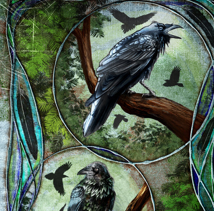 Artistic depiction of a raven on a branch with nature elements