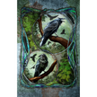 Print with crows on branches and a stylized border
