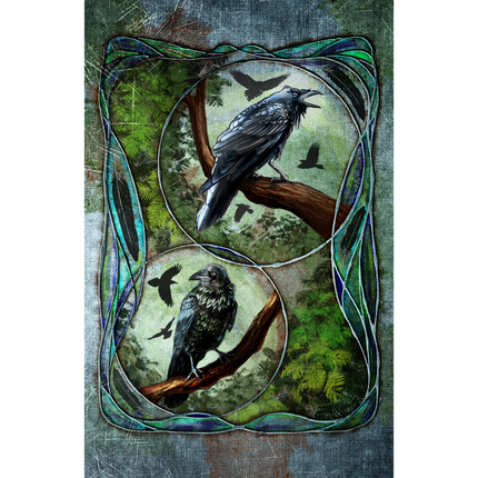 Print with crows on branches and a stylized border