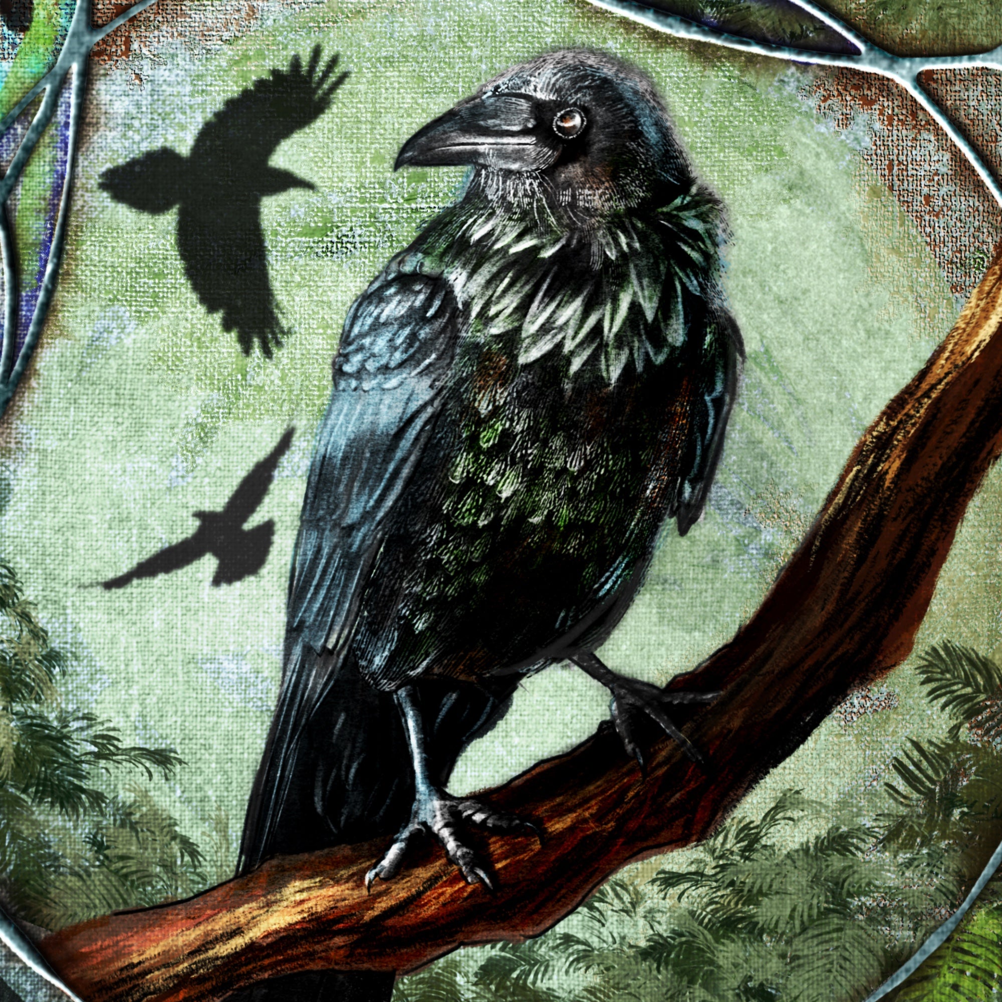 Illustration of a crow on a branch with a textured background