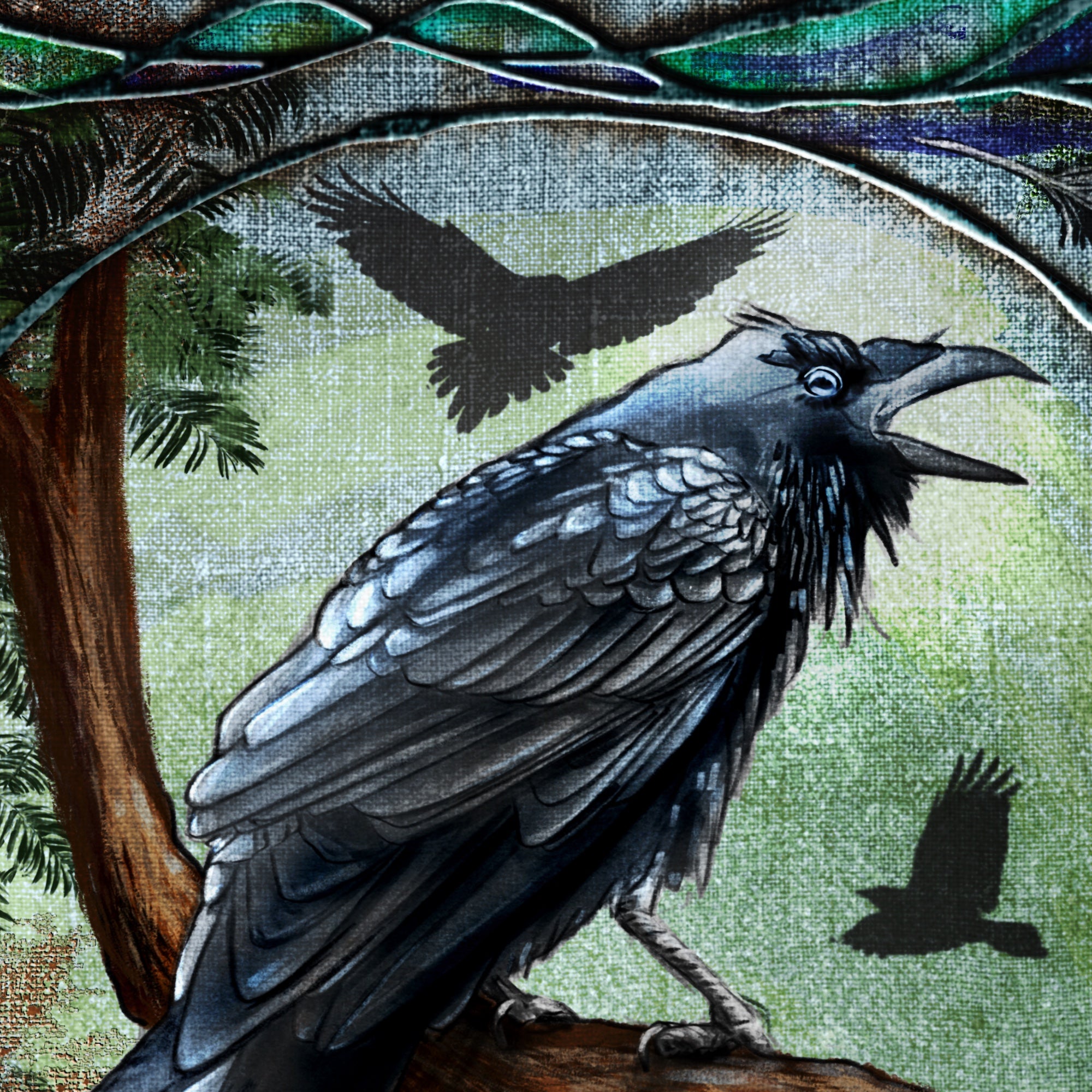 Illustration of a raven with another raven flying in the background