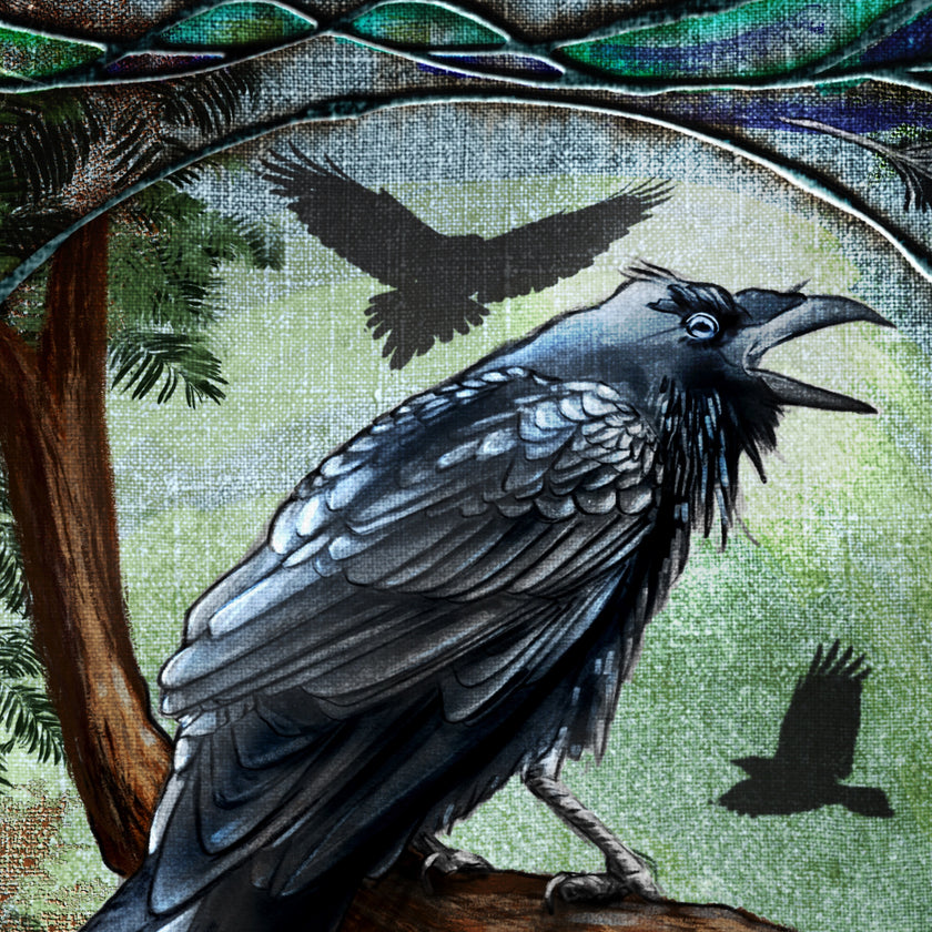 Illustration of a raven with another raven flying in the background