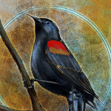 Artistic depiction of a bird with red and orange on its wing, perched on a branch.