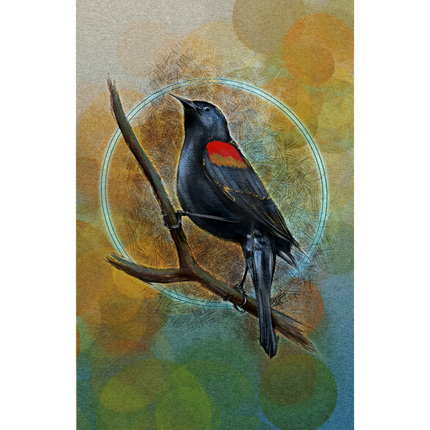 Artistic depiction of a bird perched on a branch with a colorful, abstract background