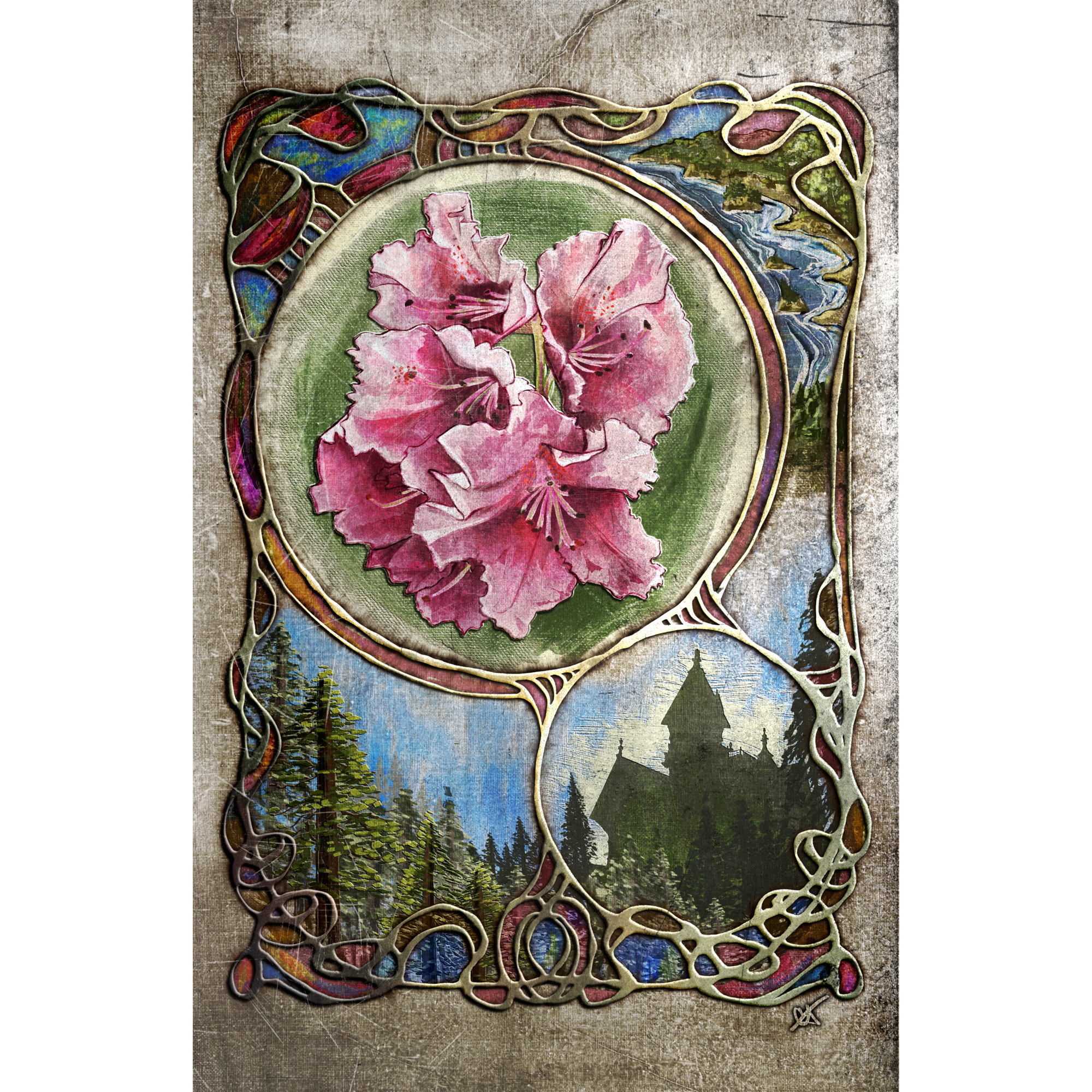 Decorative frame with pink flowers and a scenic background on a textured surface