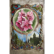 Decorative frame with pink flowers and a scenic background on a textured surface