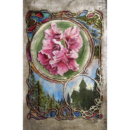 Decorative frame with pink flowers and a scenic background on a textured surface