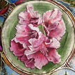 Decorative plate with pink floral design on a green background