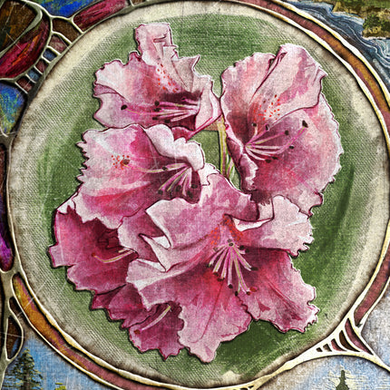 Decorative plate with pink floral design on a green background