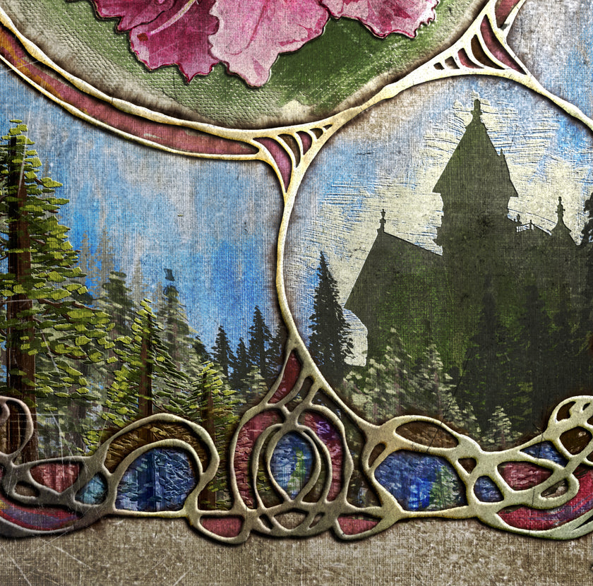 Decorative border with a Victorian house silhouette and trees in a stylized, colorful frame.