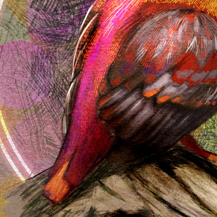 Colorful abstract painting with vibrant red, purple, and orange hues.