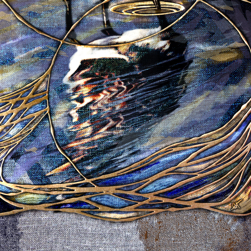 Abstract artwork with gold and blue elements on a textured background