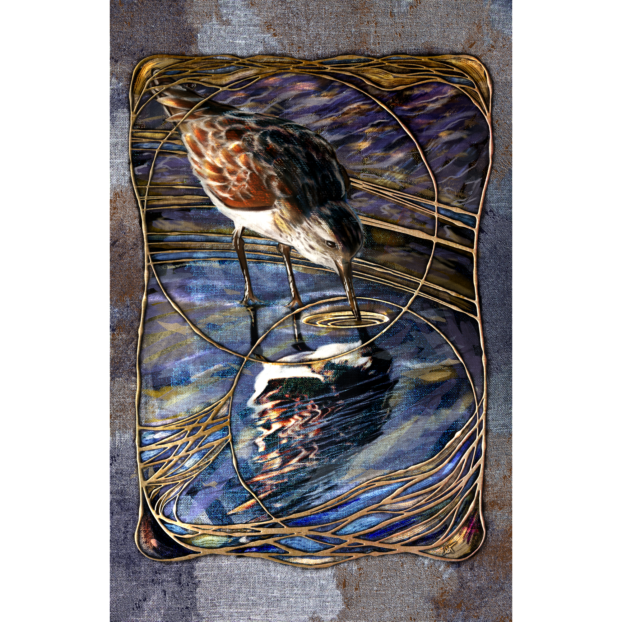 Artistic depiction of a bird drinking water with abstract patterns