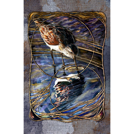 Artistic depiction of a bird drinking water with abstract patterns
